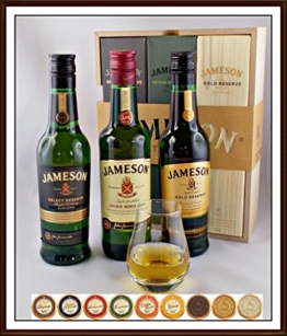 3 x 200ml Jameson irischer Whiskey im Holzkistchen mit Spey Dram Glas und 9 DreiMeister Edel Schokoladen, kostenloser Versand - 1