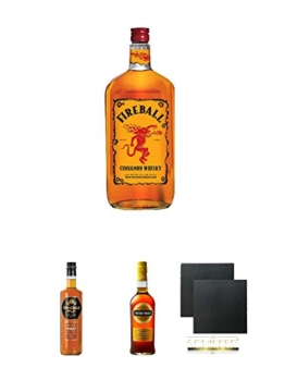 Fireball Whisky Zimt Likör Kanada 0,7 Liter + Double Fly Honey Whisky Likör 0,7 Liter + Irish Mist Whiskylikör 0,7 Liter + Schiefer Glasuntersetzer eckig ca. 9,5 cm Ø 2 Stück - 1
