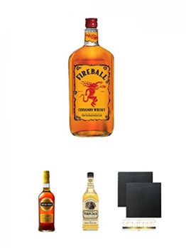 Fireball Whisky Zimt Likör Kanada 0,7 Liter + Irish Mist Whiskylikör 0,7 Liter + Yukon Jack Whiskylikör 0,7 Liter + Schiefer Glasuntersetzer eckig ca. 9,5 cm Ø 2 Stück - 1