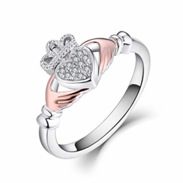 JO WISDOM Damen Ringe silber 925 Irische Herz Claddagh Ring mit AAA zirkonia swarovski mit Rosévergoldet (62 (19.7)) - 1