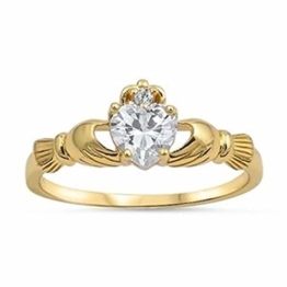 Kleine Schätze - Gelbes Gold überzogener Sterling Silber 925 - Damen Ring - Zirkonia Claddagh Ring - 1