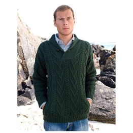 Shawl Collar Aran Sweater Green - 1